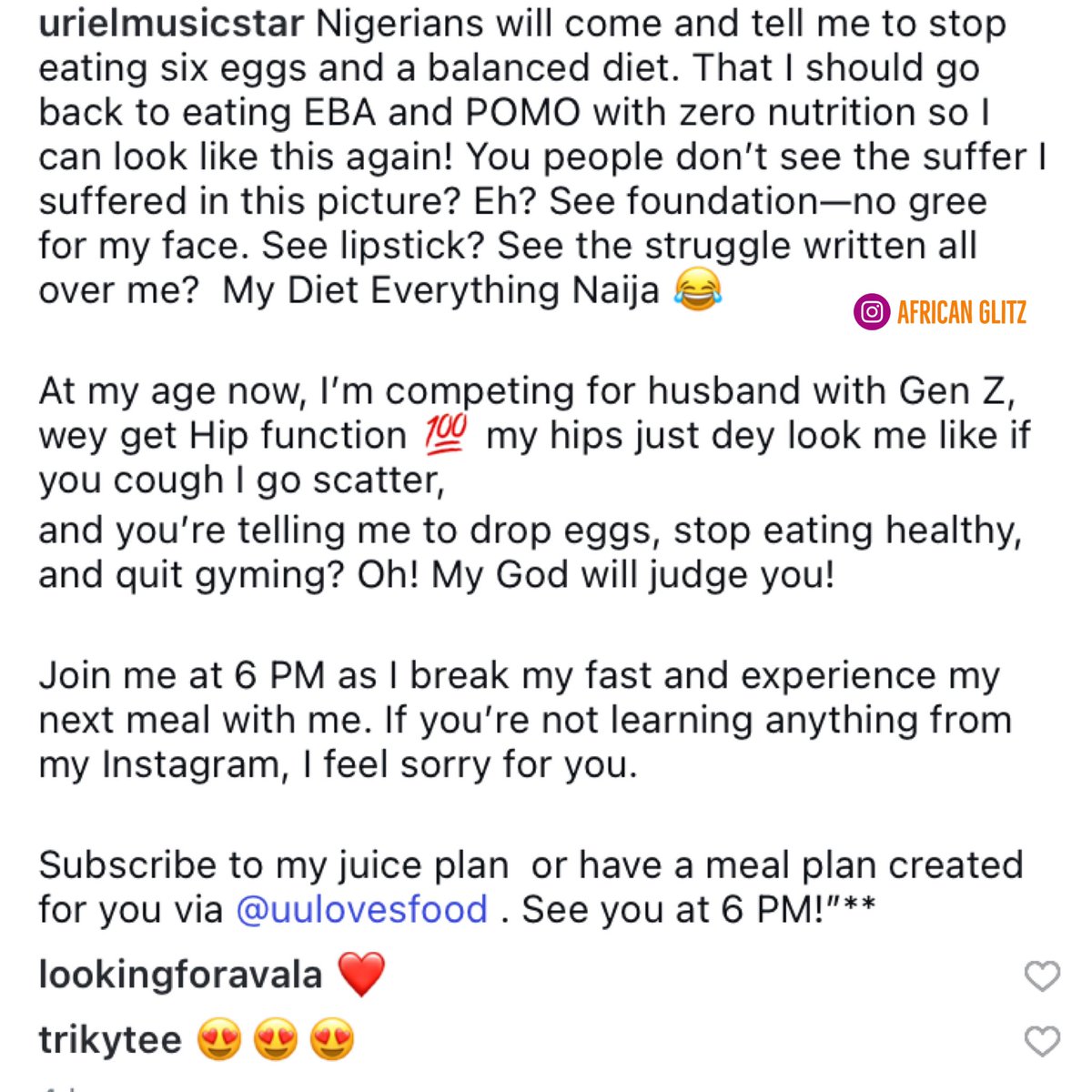 african_glitz's tweet photo. Food: Ex BBNaija Housemate Uriel Reveals Why She Won’t Stop Eating 6 Eggs 🥚 Everyday. 

•
•

#food #hilda #hildabaci #chef #diet #foods #facts 
#Africa #nigeria #ghana #vdm #verydarkman #egg #eggs #lol #omg #eggfact #fat #fatting #viral #bbn #urielbbn #bbnaija #bigbrotherNaija #AfricanglitzNews #AfricanGlitzTv #AfricanGlitzMag 

🚂💨