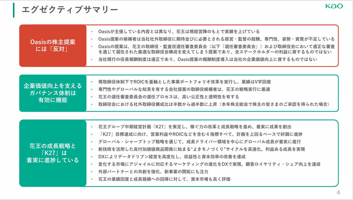 オアシスに対する花王の反駁資料拝見 会社側の考えも踏まえてみるの大変勉強になる