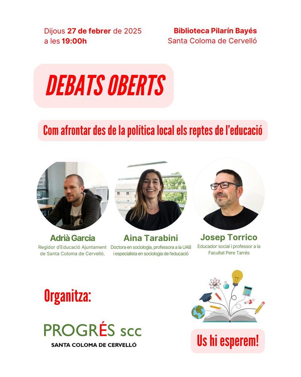 Aquest dijous comptem amb vosaltres!!!! Envoltat de bons amics i mestres reflexionarem sobre com abordar els reptes educatius des de la mirada local, 
📍 Biblioteca Pilarín Bayés
⏰ 19h00 
Us esperem!!!

<a href="/progres_scc/">PROGRÉS.SCC de Sta Coloma de Cervelló</a> <a href="/ainatarabini/">Aina Tarabini</a> #educacio #politicalocal #ecosistemeseducatius