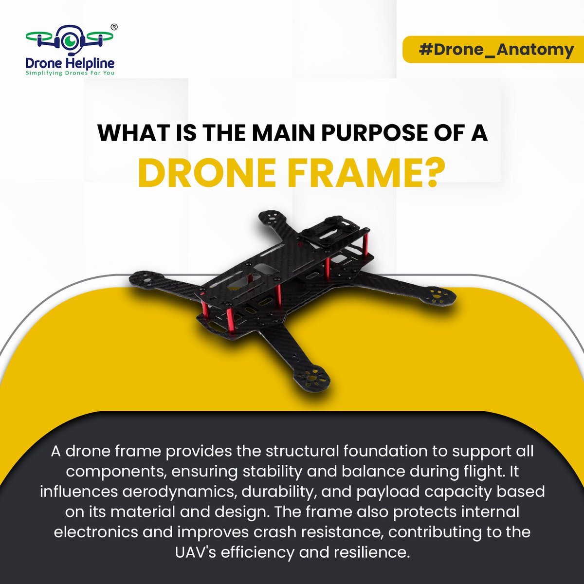 dronehelpline's tweet image. The frame of a #drone is crucial for stability, balance, and protecting internal components. 

A strong frame ensures better flight efficiency, impact resistance, and long-lasting performance.

#DroneFrame