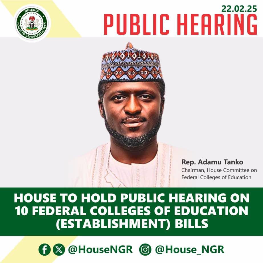 The House of Representatives, through its Committee on Federal Colleges of Education, is set to hold a One-day Public Hearing on 10 bills aimed at amending the Federal Colleges of Education Act and establishing new federal colleges of education across the country.

🧵 

#HouseNGR