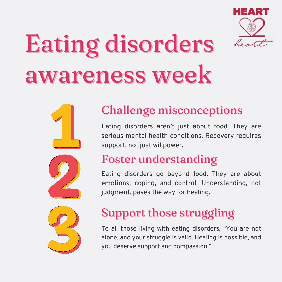It’s Eating disorder awareness week and we will be dropping tips all week.
First they are NOT a choice. They are serious mental health conditions that affect millions worldwide. 
Here are a few things you need to know about them. #EDAW2025 #MentalHealthMatters
