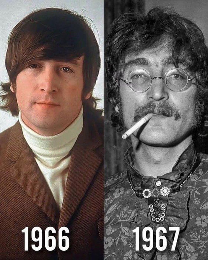creepydotorg's tweet image. John Lennon from The Beatles photographed 12 months apart.  

What happened to him during that time?