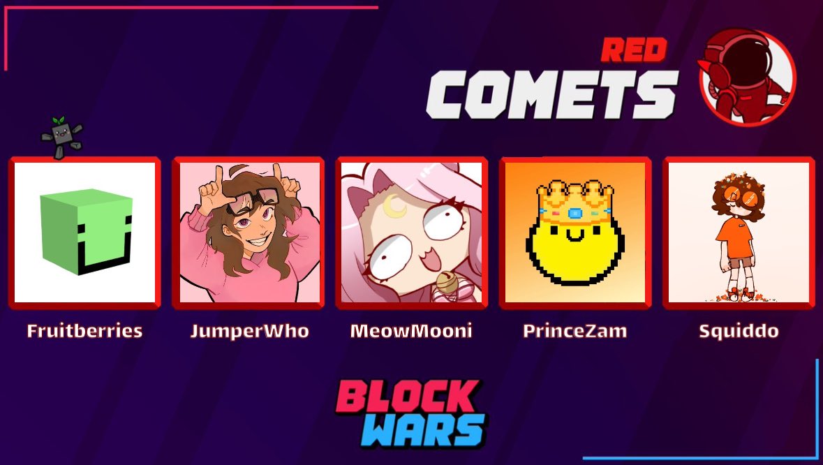 Comets: Fruitberries, JumperWho, MeowMoonified, PrinceZam, and Squiddo
I wanted to go for the silliest vibes I could on this team. Mooni only knows Fruit on this team, but she was supposed to team with Zam in BW8. Jumper Zam and Squiddo all know each other, Zam at least also knows Fruit although Jumper or Squiddo might as well, though I'm not sure.