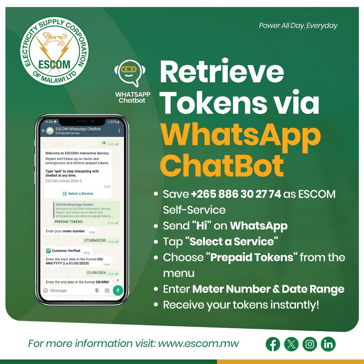 ESCOM_Malawi's tweet image. Save the ESCOM Self-Service number, +265 886 302 774, to easily retrieve your lost or missing tokens via WhatsApp.
#WhatsappChatbot
#Escom #PowerAllDayEveryday