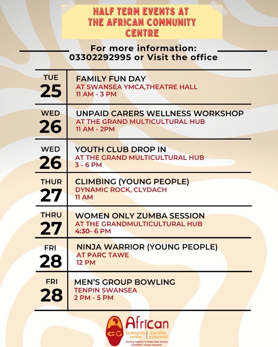 Join us for Half-Term Fun!

Check out our exciting half-term activities at the African Community Centre! From workshops to family fun, there’s something for everyone. Don’t miss out, come connect and enjoy!

For details, see the calendar or contact our office. See you there!