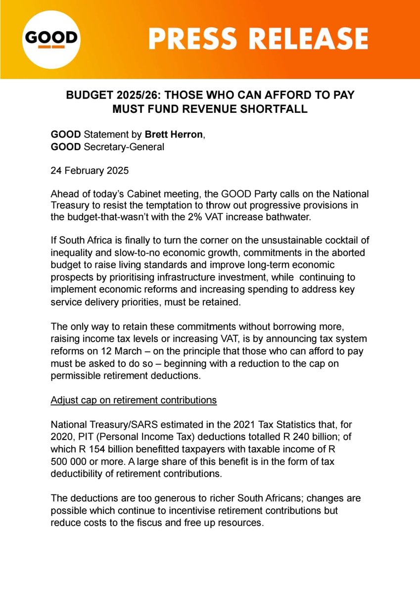 ForGoodZA's tweet photo. BUDGET 2025/26: THOSE WHO CAN AFFORD TO PAY MUST FUND REVENUE SHORTFALL

Ahead of today’s Cabinet meeting, the GOOD Party urges National Treasury to keep progressive provisions in the budget. Focus on infrastructure, economic reforms, and service delivery—without raising VAT. Tax reforms like adjusting retirement contribution caps can help fund priorities. It's time to narrow inequality & build a sustainable future.

Read more➡️https://t.co/NpgoZvedTA

 #SouthAfrica #Budget #TaxReform #goodparty #economicjustice @brettherron