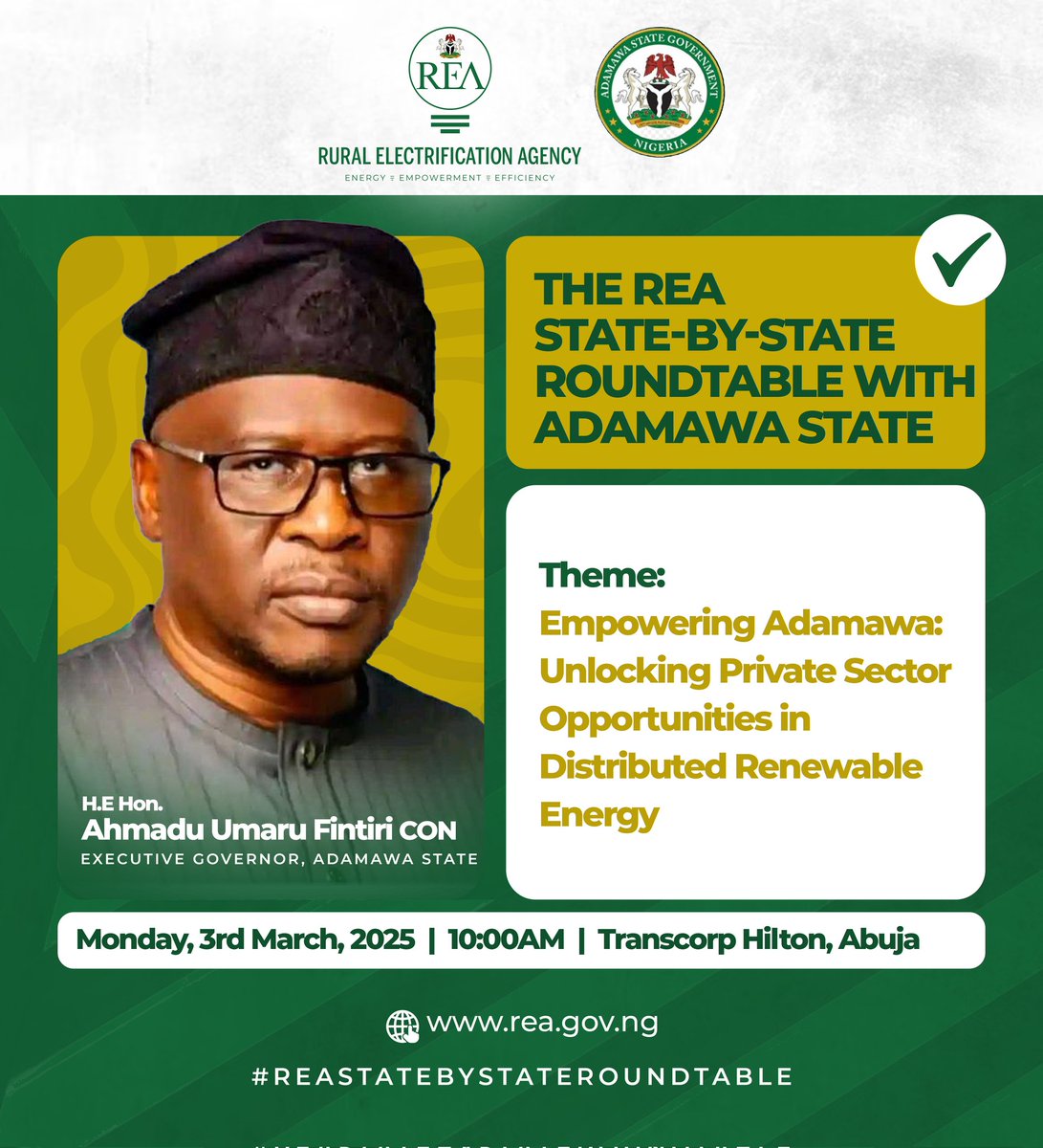TheREANigeria's tweet photo. 📢 The REA is Set to Hold Strategic Roundtable with Adamawa State Government to Unlock Private Sector Opportunities in Distributed Renewable Energy in the State.
This is in line with the Agency's ongoing #StatebyState initiative designed to exploit the tenets of the 2023 Electricity Act, passed into Law by His Excellency, President Bola Ahmed Tinubu, GCFR, while driving the objectives of the National Electrification and Strategy Implementation Plan (NESIP).
The REA #StatebyStateRoundtables continue to serve as a veritable tool and a meeting point to activate impactful partnerships between active stakeholders in the energy sector, explore opportunities for the growth of the state electricity markets and facilitate commitments for people-centered infrastructural development through innovation and sustainability.
🌐 Learn more about the REA State-byState Strategic Roundtables here https://t.co/ETeeSaHGLR.