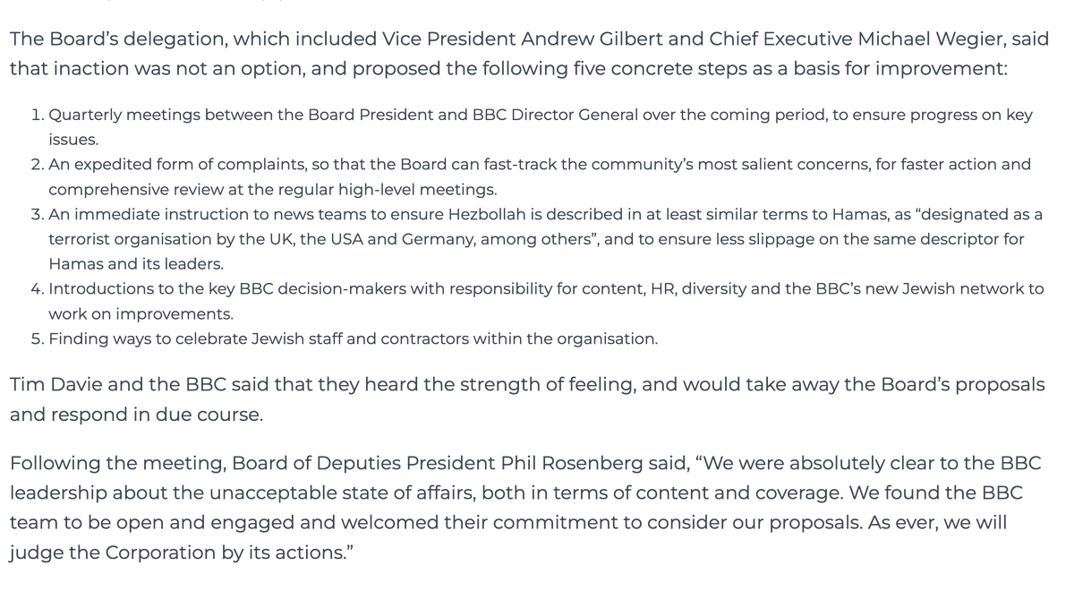 The UK Israel lobby expect not only access to BBC Director General Tim Davie that's denied to others, but 'introductions to key BBC decision-makers with responsibility for content'

From Board of Deputies statement on mtg w/BBC Director General August 2024 bod.org.uk/bod-news/board…