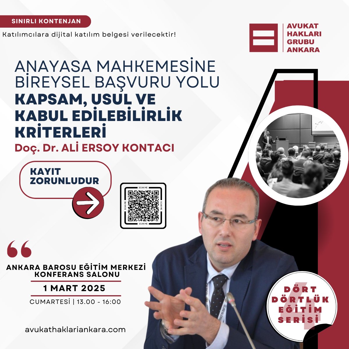 🏆 Dört dörtlük eğitim serimiz değerli hocamız Av. Doç. Dr. Ali Ersoy KONTACI’ın sunacağı “ANAYASA MAHKEMESİNE BİREYSEL BAŞVURU YOLU” başlığı ile devam ediyor!

* ANAYASA MAHKEMESİNE BİREYSEL BAŞVURU YOLU ve KAPSAM/USUL,
*KABUL EDİLEBİLİRLİK KRİTERLERİ,
* Pratik uygulamalar ve