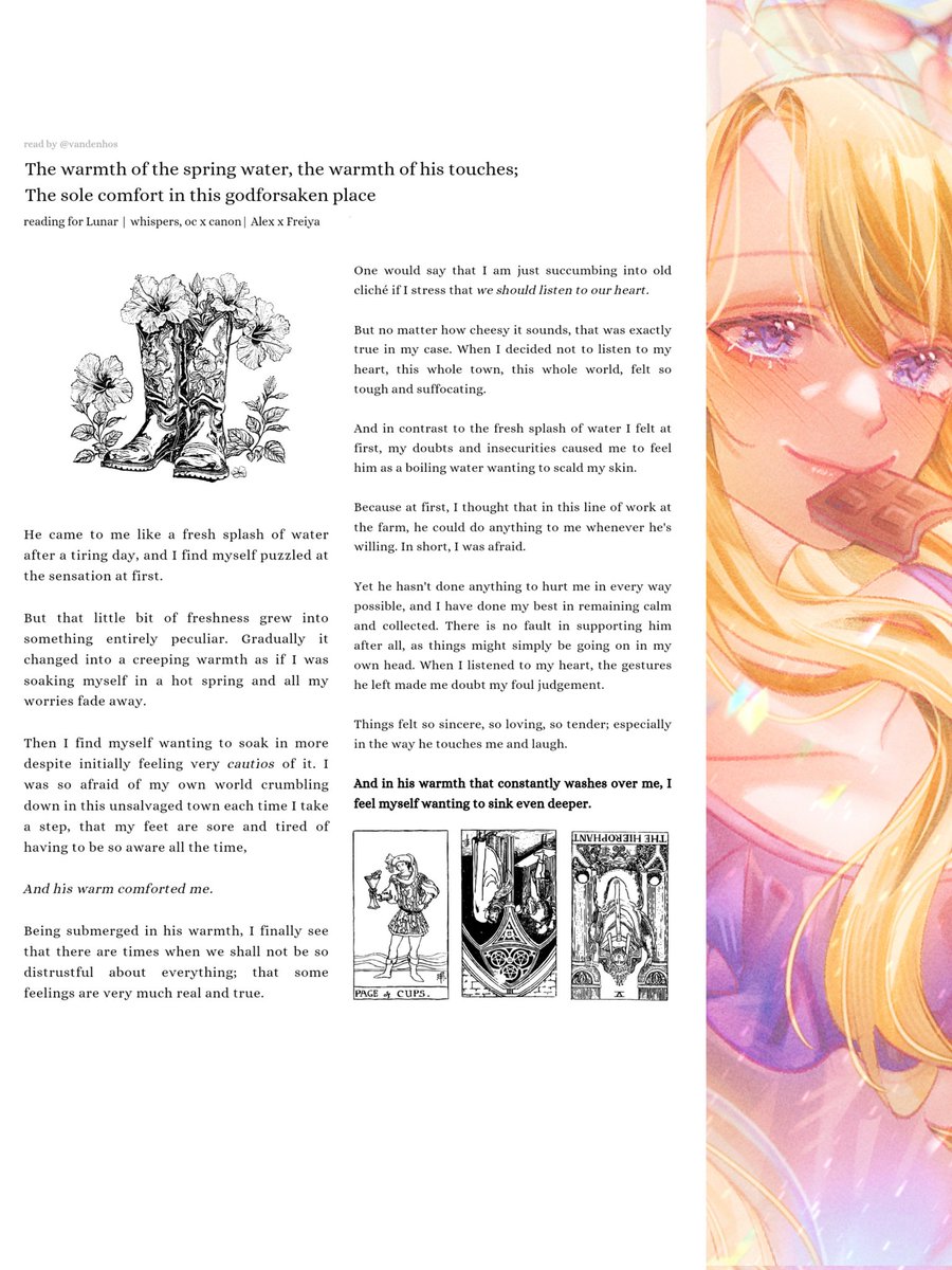 Today is #AlexFreiya 1st anniversary! 🥳💖 

I tried a tarot reading from <a href="/vandenhos/">nono</a>  about what they think about each other  ✨️ 

#DegreesofLewdity #DoL