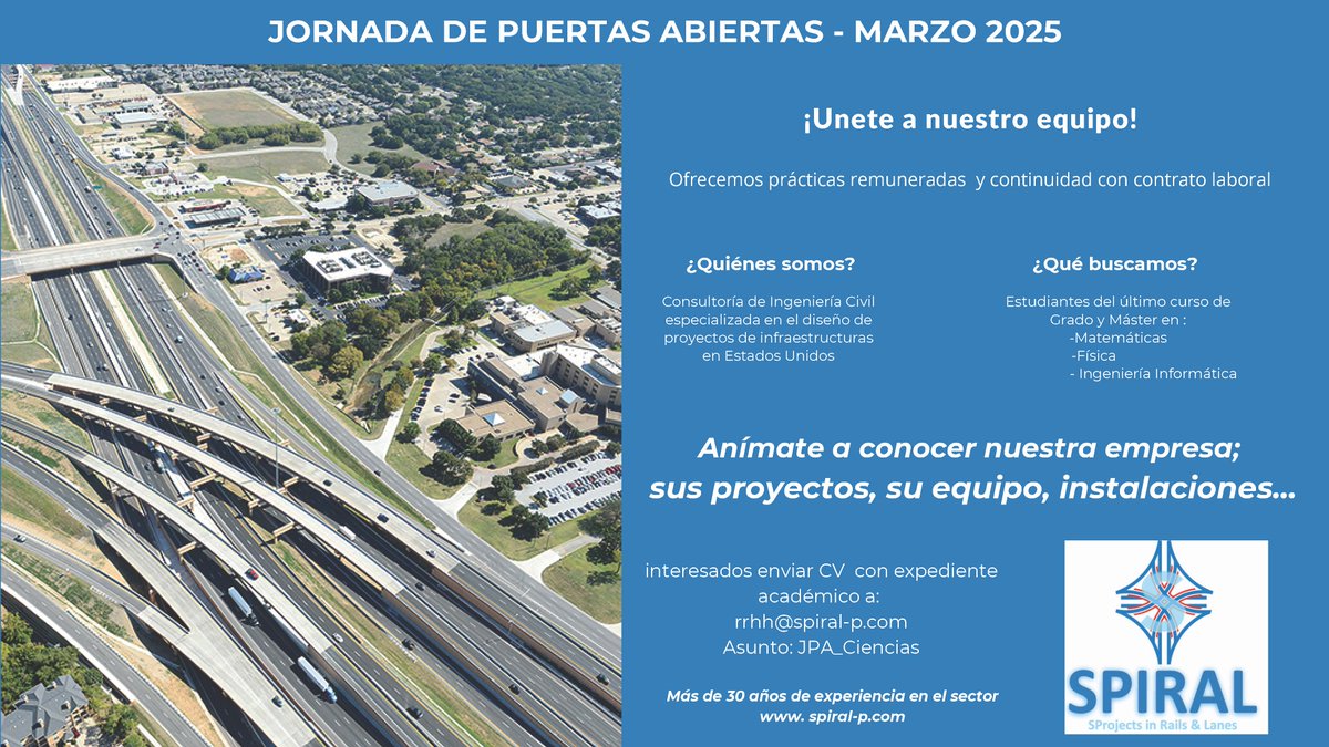 Ya queda poco para la Jornada de Puertas Abiertas 2025 en <a href="/cienciasunican/">Facultad de Ciencias UC</a>.
Ya puedes enviar tu CV a SPIRAL a rrhh@spiral-p.com con el asunto JPA_Ciencias