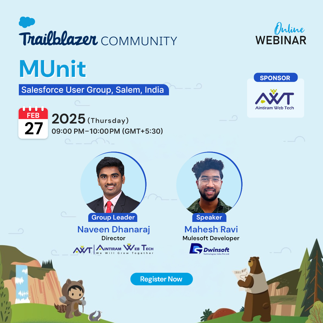 aintiram_in's tweet image. 🚀Join us for an Exclusive MUnit Webinar!🔥

📅Feb 27, 2025 |⏰9:00 PM IST |🌍Online

💻Register Now: shorturl.at/hXwe5

📌Don’t miss it!

#Salesforce #MuleSoft #MUnit #Webinar #OnlineLearning #TrailblazerCommunity #AintiramWebTech #Dwinsoft #TechTalks #SalesforceUserGroup