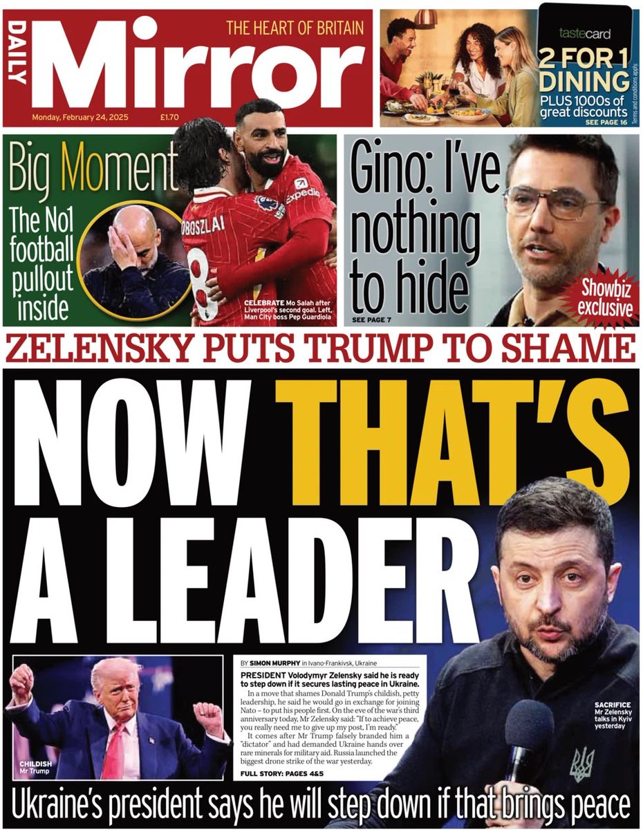 Trump isn’t fit to lace Zelensky’s boots.

Today’s ⁦<a href="/DailyMirror/">The Mirror</a>⁩ front page.
