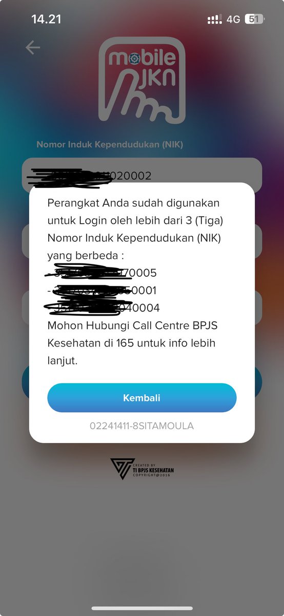 Pada saat ingin login, saya menggunakan NIK saya, lalu terdapat notif untuk menggunakan NIK yang berbeda, setelah saya login menggunakan NIK yang ada dalam daftar, notif tersebut muncul dan NIK saya yang tadinya tidak bisa digunakan, muncul dalam list <a href="/BPJSKesehatanRI/">BPJS Kesehatan RI</a>.