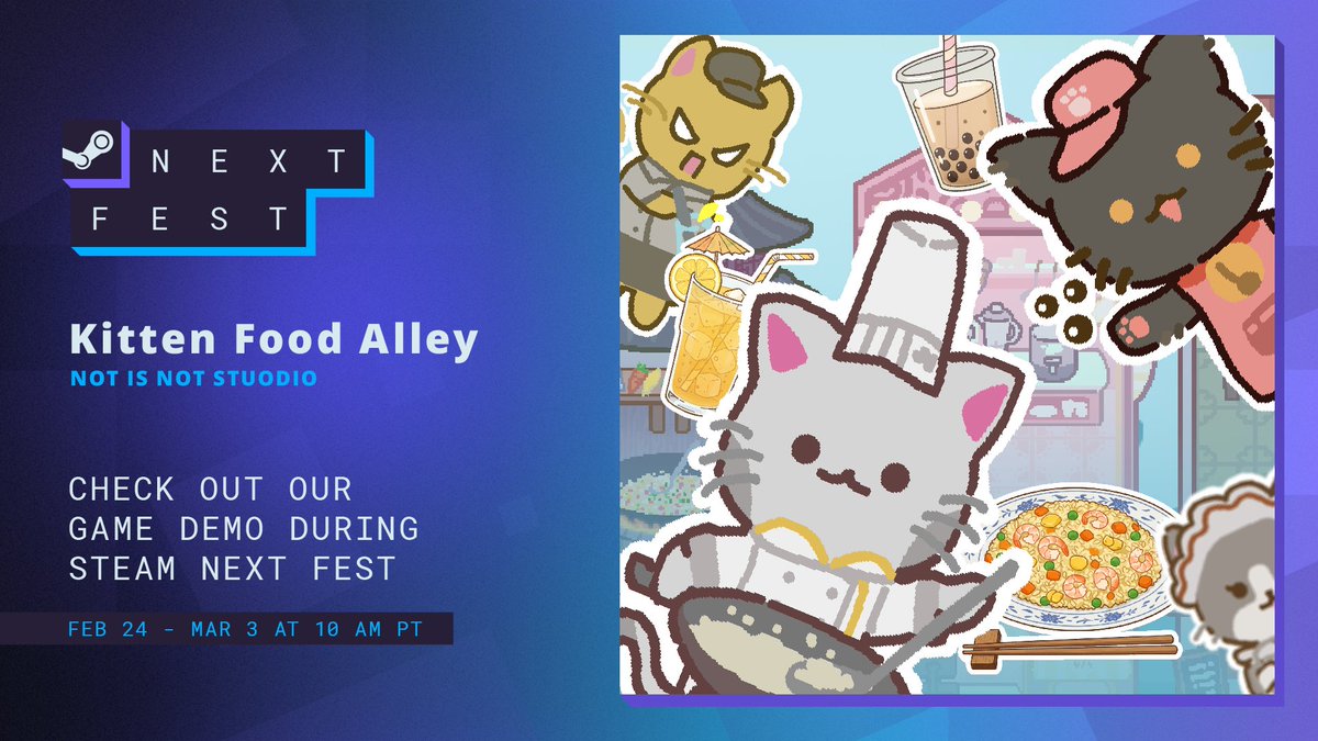 Steam Next Fest is coming soon, and Kitten Food Alley will also be participating. After a wave of testing, the Demo has been well optimized, welcome to try it! 
#gamedev #indiegame #kittenfoodalley #Steam #SteamNextFest