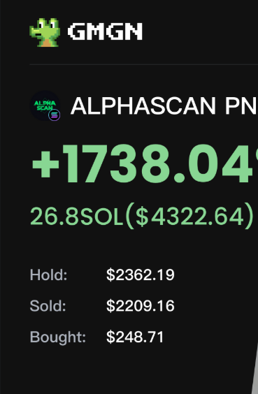 0xnn_sha's tweet image. The key to earning #memecoins is the use of tools and information sources.

This group of friends using GMGN found #ALPHASCAN while sweeping the chain and sniped into the market from 1.5 $SOL -&amp;gt; 26.8 $SOL 

CA: xKhH873QUSRukpBHUkRSvsaSvPPyPHXG5YyMHNwpump

Here is the screening…