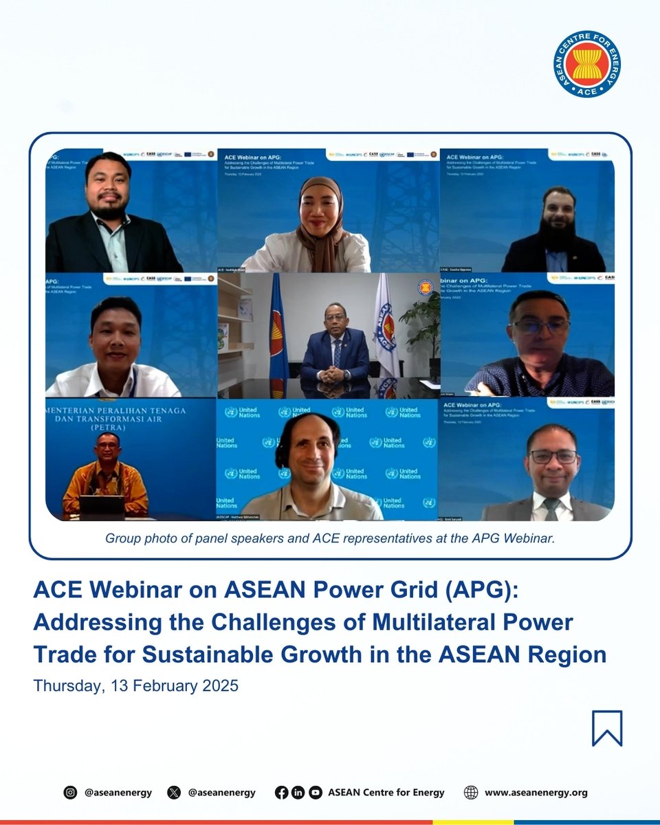 ASEAN Centre for Energy (@aseanenergy) on Twitter photo 📍 On 13 Feb 2025, ACE hosted the Webinar on ASEAN Power Grid (APG): Addressing the Challenges of Multilateral Power Trade for Sustainable Growth in the ASEAN Region.
In partnership with <a href="/sea_etp_org/">Southeast Asia Energy Transition Partnership</a>, GIZ's <a href="/CASEforSEA/">CASE for Southeast Asia</a>, and <a href="/UNESCAP/">United Nations ESCAP</a>.
🔗 Read more: go.aseanenergy.org/ACENews 📍 On 13 Feb 2025, ACE hosted the Webinar on ASEAN Power Grid (APG): Addressing the Challenges of Multilateral Power Trade for Sustainable Growth in the ASEAN Region.
In partnership with <a href="/sea_etp_org/">Southeast Asia Energy Transition Partnership</a>, GIZ's <a href="/CASEforSEA/">CASE for Southeast Asia</a>, and <a href="/UNESCAP/">United Nations ESCAP</a>.
🔗 Read more: go.aseanenergy.org/ACENews