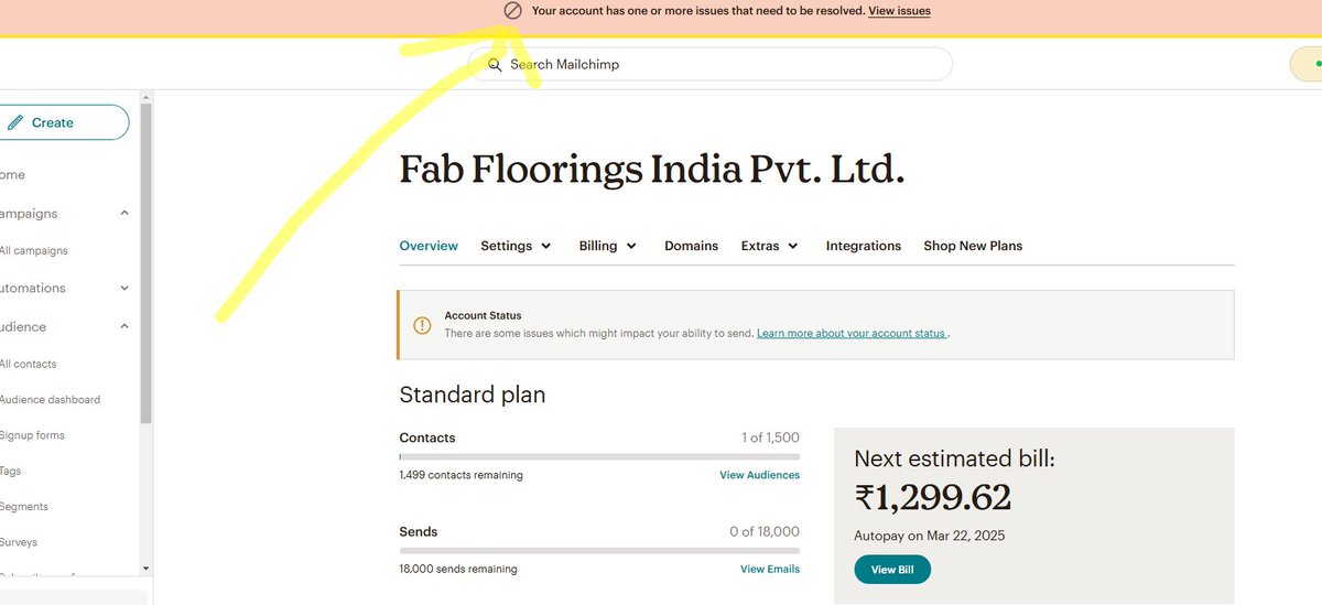 fabflooringin's tweet photo. I purchased a Mailchimp subscription, but right after payment, my account got suspended with the message: 

Email : digital@fabfloorings.in @Mailchimp @MailchimpHelp 

I submitted all required documents (GST, Aadhar, PAN), but NO response from customer support! https://t.co/xUJSJ9cqYX