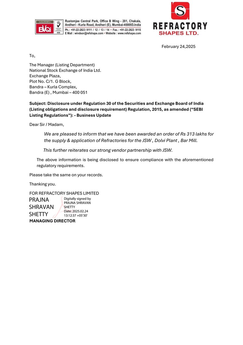 nileshkurhade's tweet image. 📌 Refractory Shapes Ltd informed the exchange about an order of ₹313 lakhs for the supply &amp;amp; application of Refractories for the JSW, Dolvi Plant, Bar Mill. This further reiterates its strong vendor partnership with JSW. #SME #REFRACTORY 🔥🏗️