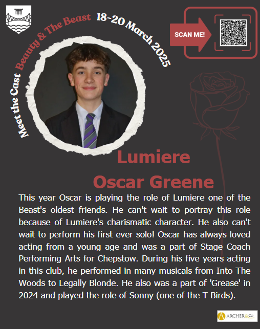 ⭐️🥀MEET THE CAST🥀⭐️
Today, we’re shining a spotlight on: Oscar 
🎟️Tickets are selling fast, don’t miss your chance to join us for this magical production. 
📅18-20 March
📍Chepstow School
💻Book via 👉buff.ly/42g7dRt