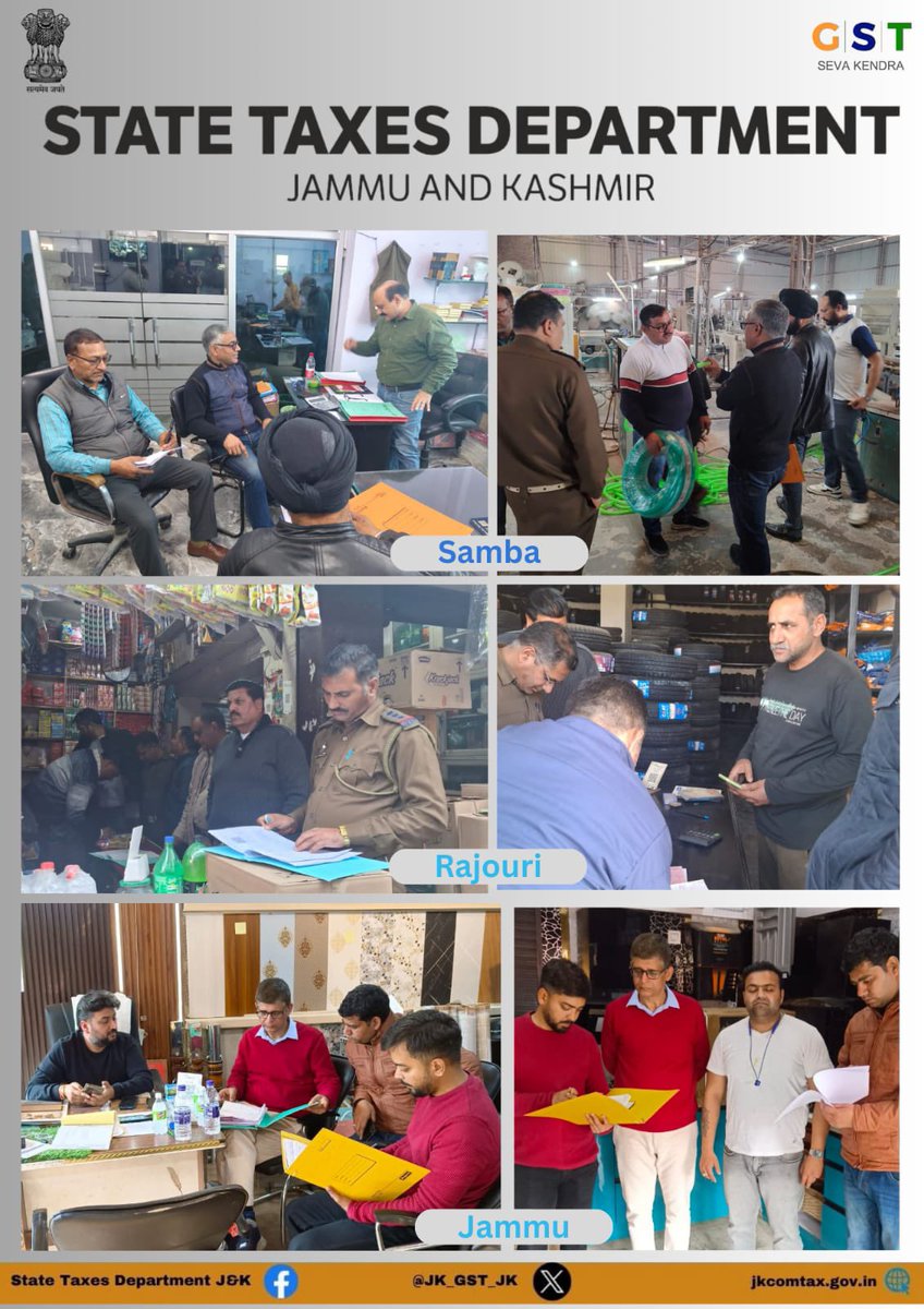 J&K State Taxes Department (@jk_gst_jk) on Twitter photo Enforcement Teams under the guidance of Commissioner State Taxes, PK Bhat, JKAS, and Additional Commissioner of State Taxes Department, Jammu division <a href="/Hinamrita1974/">Namrita Dogra</a> conducted inspections in Samba, Rajouri and Jammu districts to check sales suppression and other GST violations. Enforcement Teams under the guidance of Commissioner State Taxes, PK Bhat, JKAS, and Additional Commissioner of State Taxes Department, Jammu division <a href="/Hinamrita1974/">Namrita Dogra</a> conducted inspections in Samba, Rajouri and Jammu districts to check sales suppression and other GST violations.