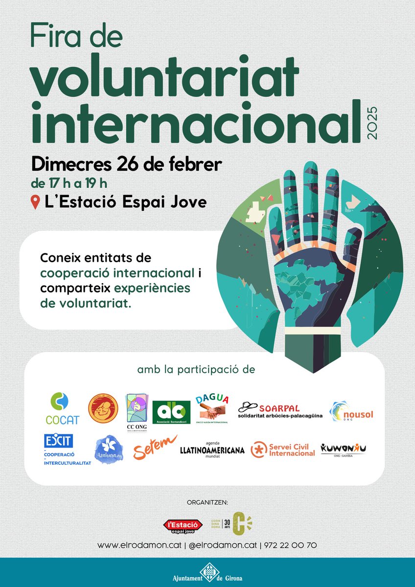 🌍 Arriba la sisena Fira de Voluntariat Internacional de l'Estació Espai Jove:

🗓️ Dimecres 26 de febrer
📍 Estació Espai Jove
⏰ 17 a 19h
ℹ️ 13 entitats perquè el jovent pugui conèixer les opcions de voluntariat a l’estranger

👉 web.girona.cat/noticies?id=12…