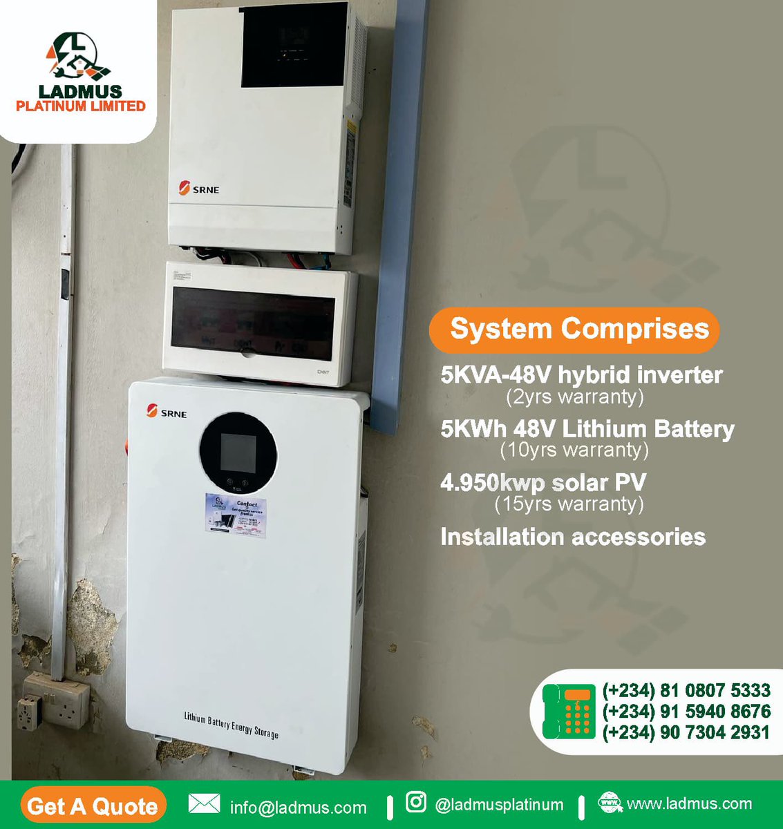 LADMUSPLATINUM's tweet image. Installation of 5KVA/48V inverter with 5kWh lithium battery, and 4.95kWp Solar PV…
Contact our team for the best of your solar inverter system today 08108075333, info@ladmus.com
#TestedandTrusted #LadmusEnergy #LadmusPlatinumLimited ladmus.com