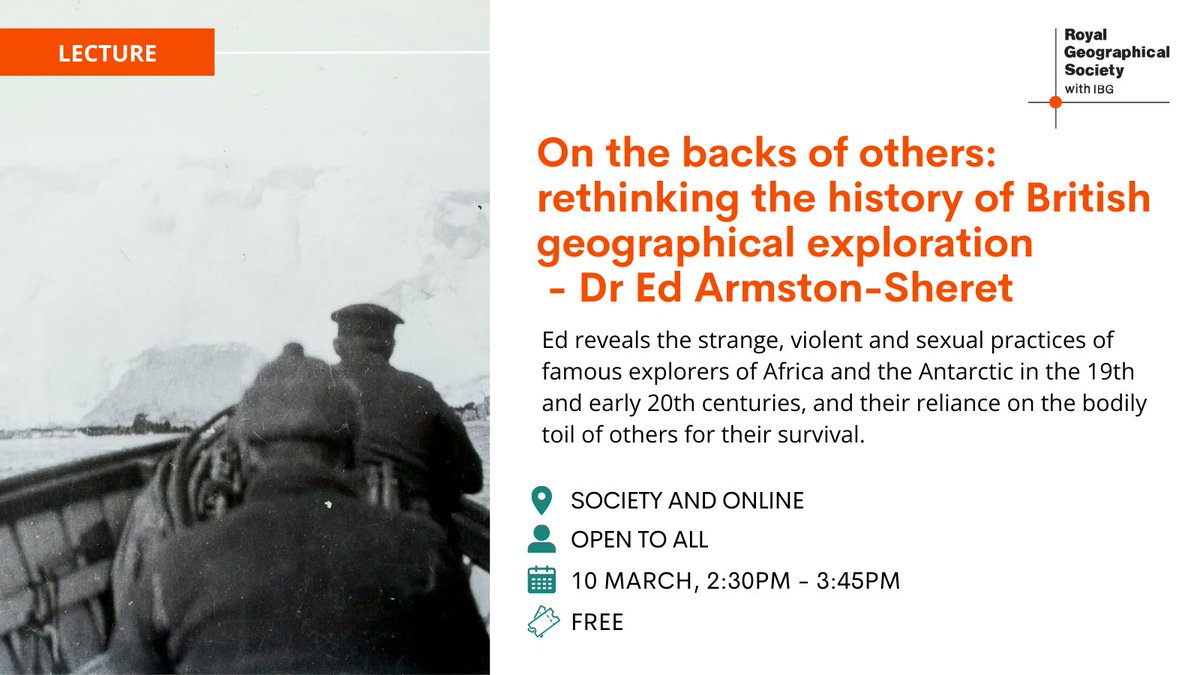 In this talk Geographer and Historian of Exploration, Ed Armstrong-Sheret, will discuss the darker side of British geographical exploration.

📍Society and online, 10 March.
👉 Book rgs.org/events/upcomin…