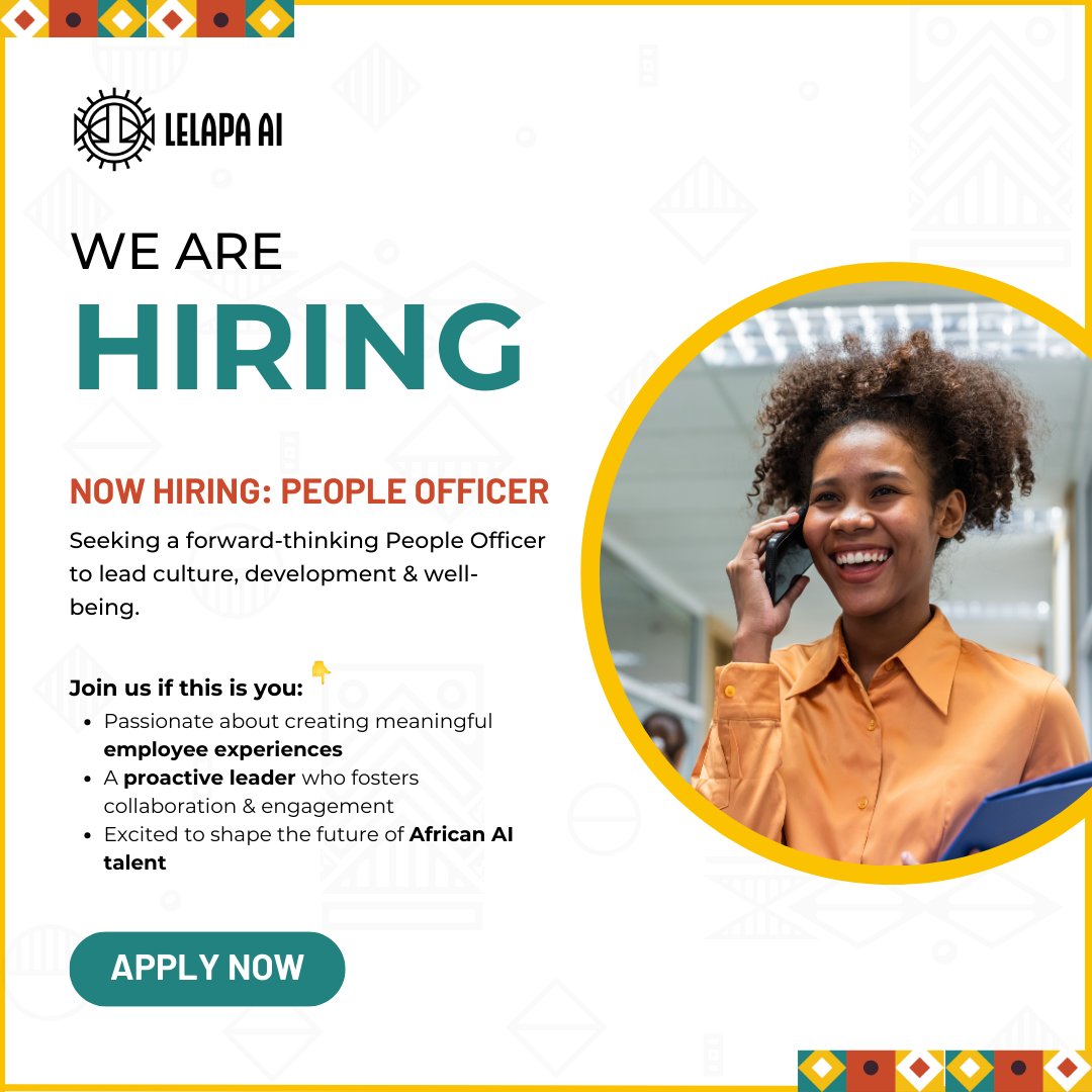 LelapaAI's tweet image. 🤝 People make great companies. Great companies need great People Officers!🙌

#LelapaAI is #Hiring a #PeopleOfficer to build and drive high-performance teams in an AI Start-up.

📩 Apply now: forms.gle/86D5VB6foNyLK1…

#HR #TechCareers #AIForAfrica #Leadership