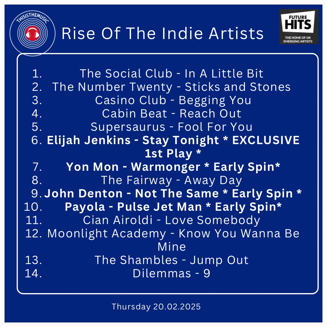 ThisIsTheMusic_ (@thisisthemusic2) on Twitter photo Latest radio show is now on demand!
<a href="/SocialClubBand/">The Social Club</a> The Number Twenty <a href="/CasinoClubBand/">Casino Club</a> <a href="/CabinBeat/">Cabin Beat</a> <a href="/superxsaurus/">SUPERSAURUS</a> <a href="/elijahjmusicmcr/">Elijah Jenkins</a> <a href="/IamYonMon169799/">Yon Mon</a> <a href="/JohnDentonMusic/">John Denton Music</a> <a href="/thefairwayband/">The Fairway</a> <a href="/PayolaMusicUK/">PAYOLA</a> Cian Airoldi <a href="/Moonlightacdmy/">Moonlight Academy</a> The Shambles <a href="/BandDilemmas/">DilemmasBand</a>
mixcloud.com/futurehitsradi… Latest radio show is now on demand!
<a href="/SocialClubBand/">The Social Club</a> The Number Twenty <a href="/CasinoClubBand/">Casino Club</a> <a href="/CabinBeat/">Cabin Beat</a> <a href="/superxsaurus/">SUPERSAURUS</a> <a href="/elijahjmusicmcr/">Elijah Jenkins</a> <a href="/IamYonMon169799/">Yon Mon</a> <a href="/JohnDentonMusic/">John Denton Music</a> <a href="/thefairwayband/">The Fairway</a> <a href="/PayolaMusicUK/">PAYOLA</a> Cian Airoldi <a href="/Moonlightacdmy/">Moonlight Academy</a> The Shambles <a href="/BandDilemmas/">DilemmasBand</a>
mixcloud.com/futurehitsradi…