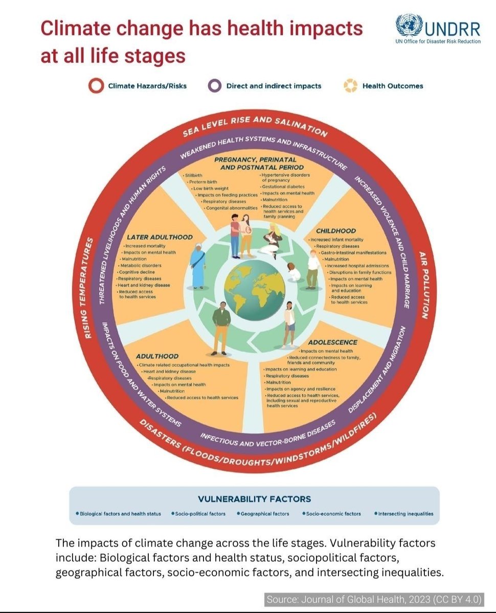 Climate change affects us throughout our lives, but at certain times we are more vulnerable. 

From childhood through pregnancy to old age, biology &amp; social networks shape how we experience climate risks. 

➡️ ow.ly/c1JV50SiI61
via <a href="/UNDRR/">UNDRR</a>