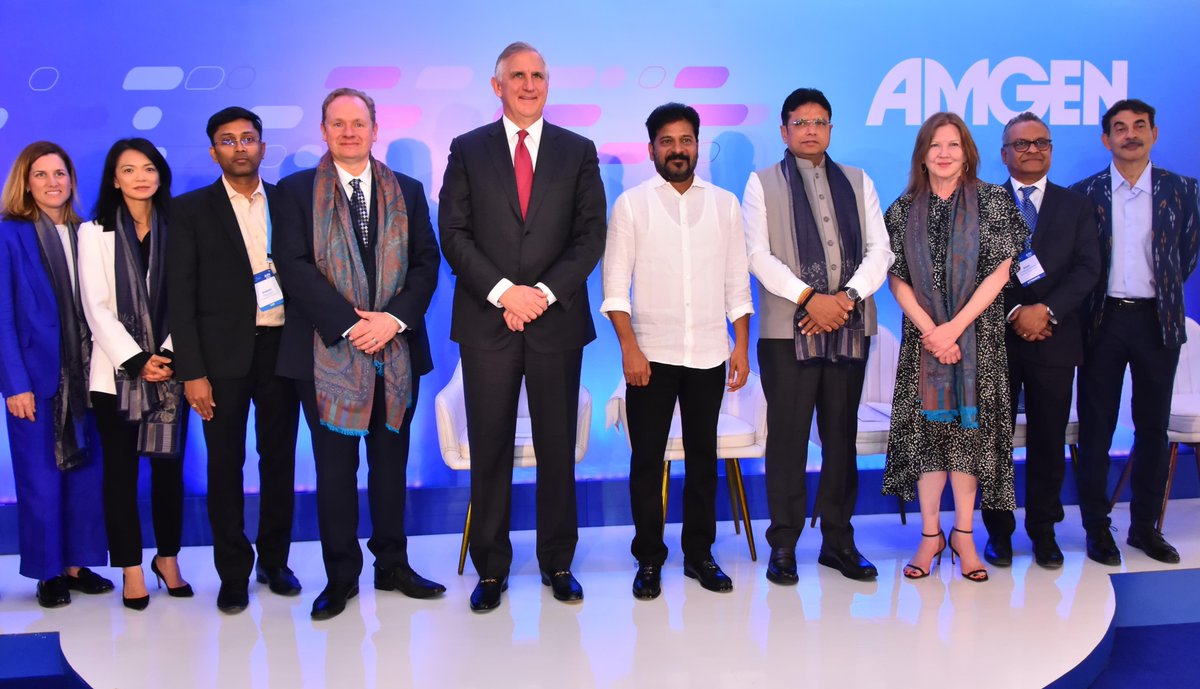 TelanganaCMO's tweet photo. Hon'ble Chief Minister @revanth_anumula inaugurated the Amgen India facility site in Madhapur, marking a significant milestone for the biotechnology sector. The government had signed an agreement with @Amgen during the Chief Minister’s visit to the United States last August, and today’s inauguration brings the company’s first development center to Hyderabad.

✅Speaking at the event, the Chief Minister expressed his pride in the establishment of Amgen’s development site in Hyderabad, calling it a testament to the city’s growing prominence in the biotechnology sector.

✅“During my visit to the Amgen R&D center in San Francisco last August, along with IT and Industry Minister Shri @Min_SridharBabu, I witnessed first-hand how the company is transforming lives through scientific innovation, research, pharmaceutical advancements, and biotechnology,” the Chief Minister remarked.

✅The Chief Minister emphasized that with the opening of this new facility, #Hyderabad is further strengthening its position as a global hub for innovation and technology in biotechnology and life sciences. He stated that #Telangana is already at the forefront of advancements in life sciences, pharmaceuticals, and biotechnology.

✅He also expressed hope that this new facility would play a key role in enhancing the organization’s global digital capabilities. “We are committed to growing Telangana’s economy into a trillion-dollar GDP state and positioning Hyderabad as a leading global city, particularly as a key destination in the 'China Plus One' strategy,” he added.

✅The Chief Minister assured Amgen of the state’s continued support for its long-term development and encouraged the company to invest more in research collaborations, skill development programs, and academic partnerships to further strengthen the sector.

✅Amgen Chairman and CEO Mr Robert A. Bradway, @USCGHyderabad Jennifer Larson, and other dignitaries were present at the inauguration. 
#AmgenIndia #Biotechnology #TelanganaRising