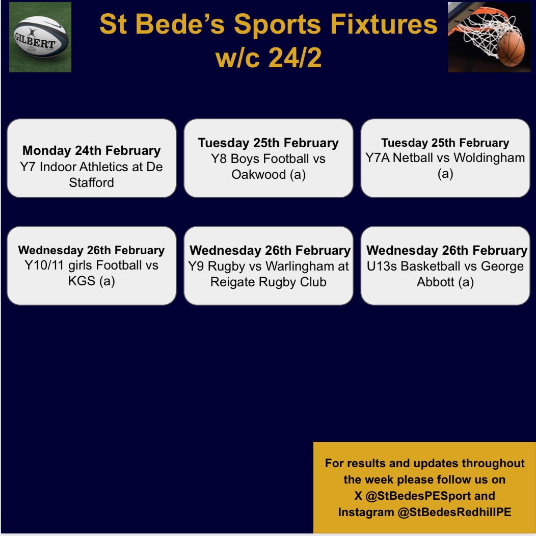 Welcome back, hope you had a great half term break. Here are the fixtures for this week.
