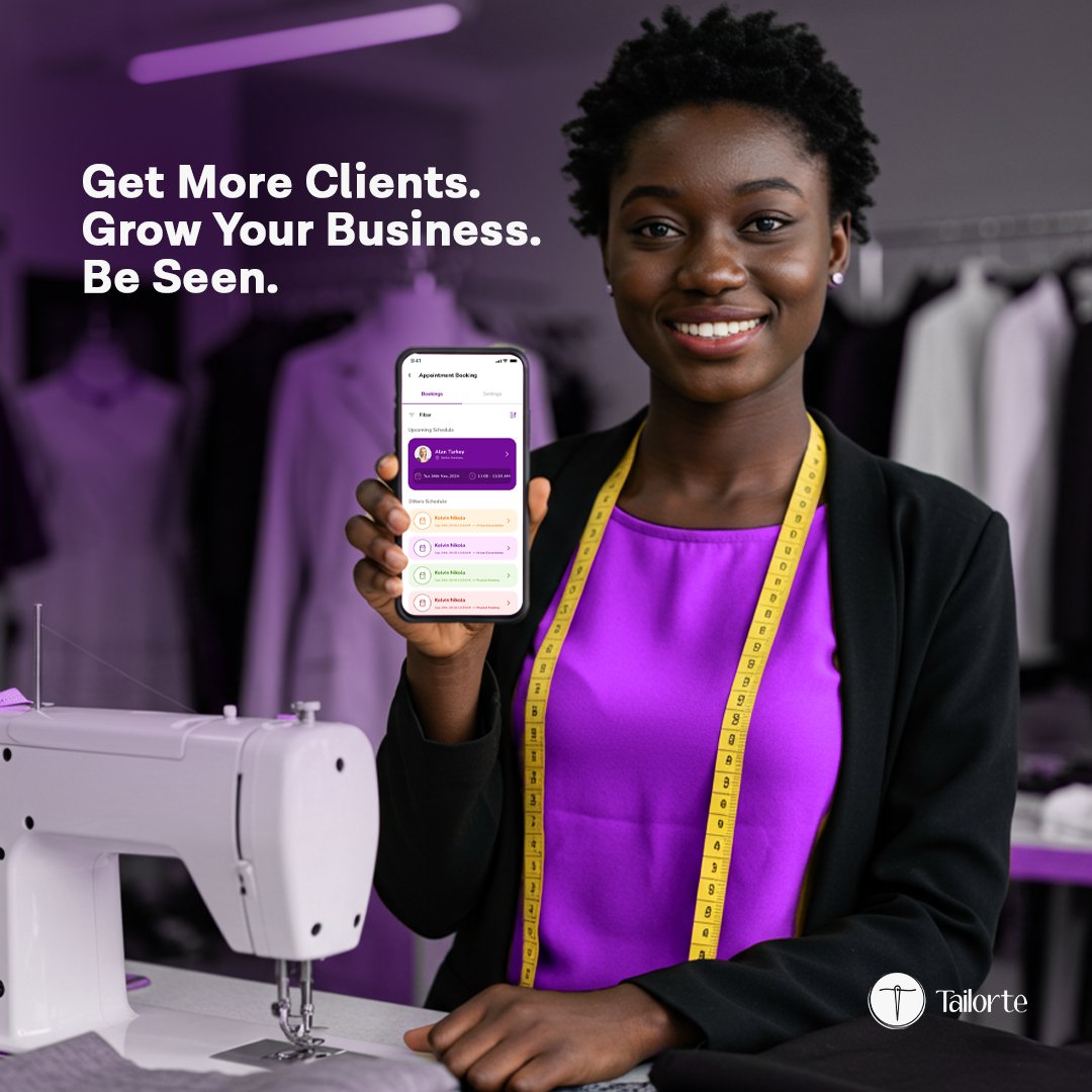 TailorteApp's tweet image. Take your fashion business to the next level with Tailorte! ✂️📱

Get more clients, manage bookings, and grow your brand. 
Join the waitlist @ join.tailorte.com today!

#Tailorte #FashionBusiness #TailorMade #SmallBusinessGrowth #App #FashionEntrepreneur #FashionDesigners
