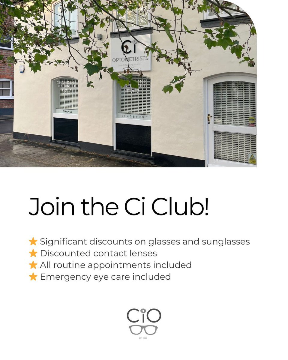 Join the Ci Club! 👓 

Your membership includes check-ups, emergency appointments, discounts on frames, lenses &amp; more - plus automatic entry into prize draws! Call 01243 532080 to join.