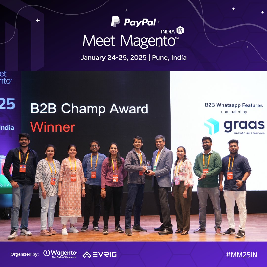 MeetMagentoIN's tweet image. 🎉 Congratulations to Graas.ai for winning B2B Champ award at Meet Magento India 2025 Awards, Pune for implementing B2B WhatsApp Features.
@graas_ai 

#MM25IN #eCommerceEvent #B2BChamp #Magento #MM25INAwards