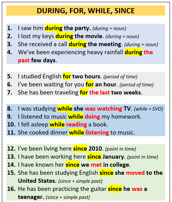 During for while since