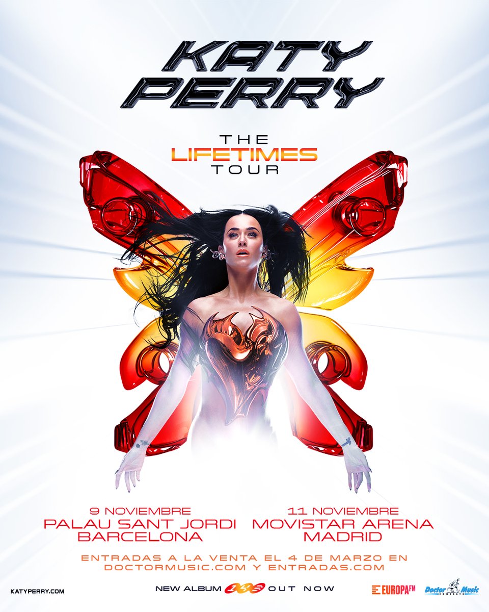 #KatyPerry, la estrella mundial del pop, anuncia que su gira ‘The Lifetimes Tour’ tendrá parada también en España💥

📅 9 de noviembre - Palau Sant Jordi, Barcelona
📅 11 de noviembre - Movistar Arena, Madrid

Entradas a la venta el 4 de marzo a las 10h en entradas.com