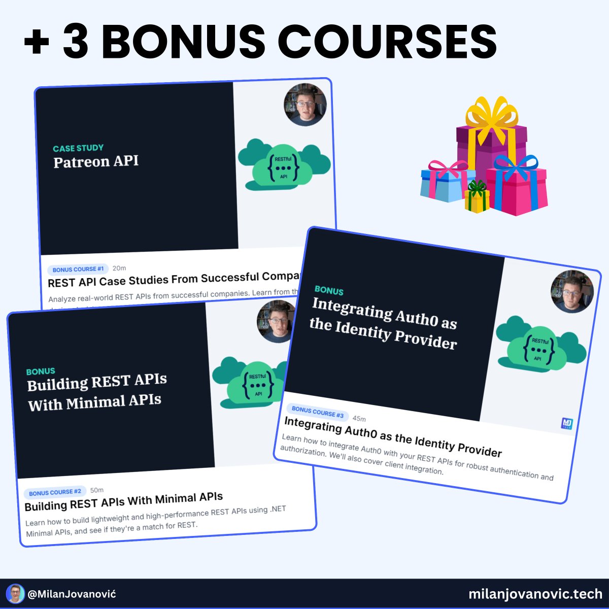 mjovanovictech's tweet image. I've been working on this for more than 6 months.
So, I'm excited to share that Pragmatic REST APIs is now live. 🎉
Here's what I packed inside:
- 9 in-depth chapters
- 80+ lessons
- 14+ hours of video lessons
We'll go from scratch (quite literally, a blank VS solution) to…