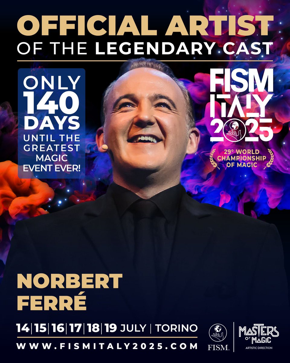 In 140 days, I’ll be in Turin for FISM Italy 2025. I’m excited to reconnect with the world’s greatest magicians and to share this unique experience with you. Six days of wonder, unforgettable moments, and incredible performances await us. More info at fismitaly2025.com.