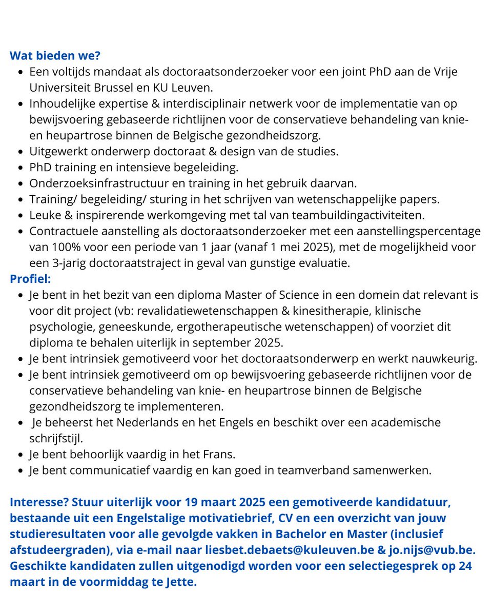 WE ARE HIRING!
We zoeken een doctoraatsstudent voor een project rond knie- en heuposteoarthrose 🌟