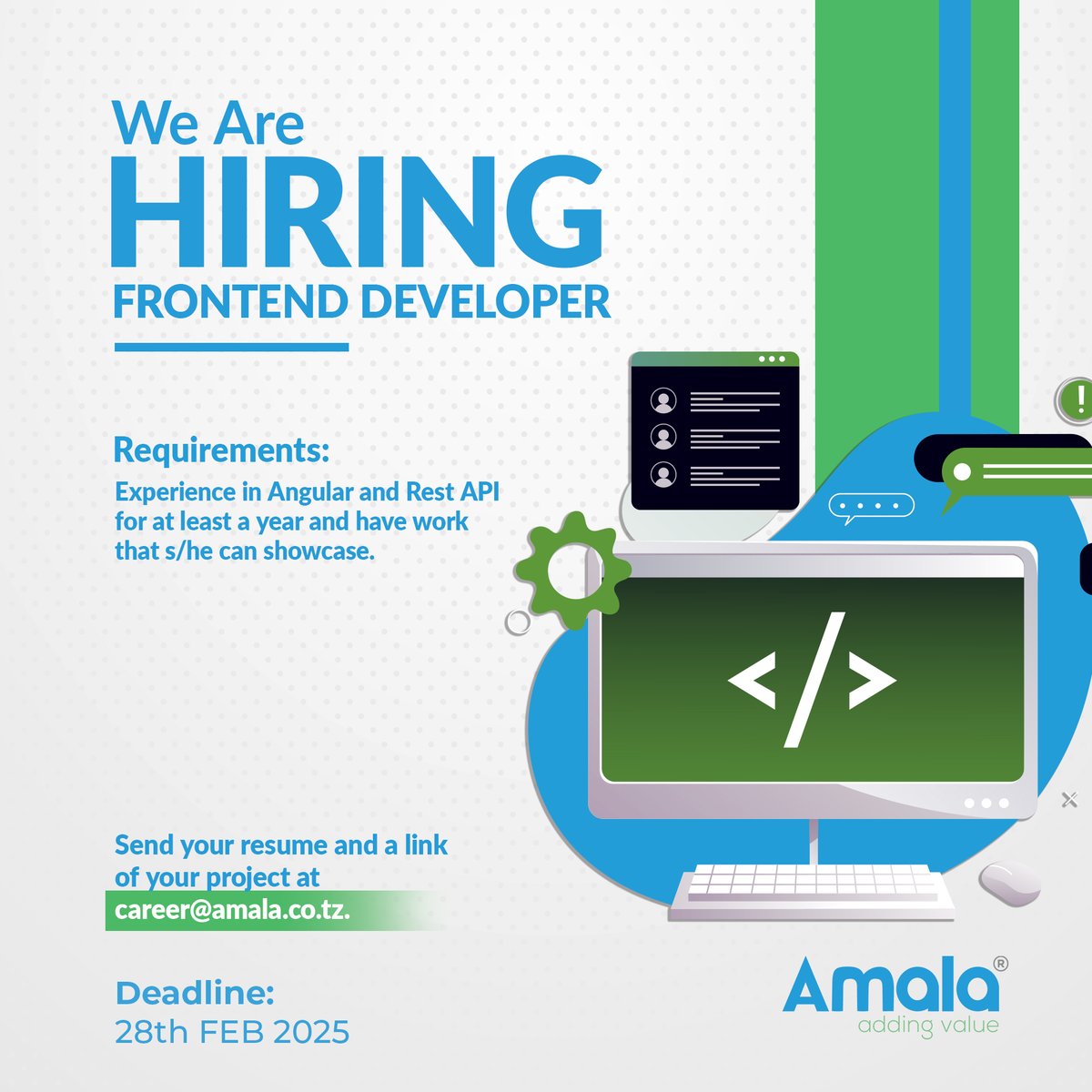 AmalaTech's tweet image. Frontend Developer Wanted!

Join Amala and be part of building innovative solutions! If you’re passionate about sleek designs and seamless user experiences, we’d love to have you on board.

Contact us: 0766521258
Website: amala.co.tz

💻 Apply now and grow with us!