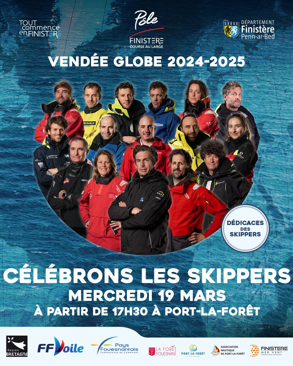 Toutcommence29's tweet photo. Le 19 mars, rendez-vous à Port-La-Forêt dès 17 h 30 pour célébrer le Retour des skippers du Pôle Finistère Course au Large ! ⛵️🌊
Les seize skippers ayant pris le départ du Vendée Globe seront à l’honneur.
#Finistère #CourseAuLarge #VendeeGlobe https://t.co/BTiuPNwKD8