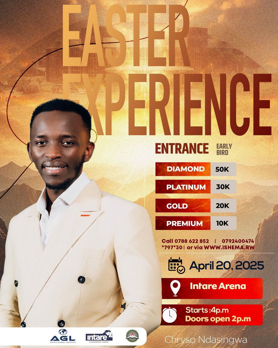 Shalom Shalom! 
Yesu ni muzima! Ndagutumiye , Tuzahura tumuramye kuri Pasika ❤️🙏
🎟️ Gura itike yawe uyu munsi !
🌍 ISHEMA.RW | 📱 *797*30#
#INTARE_ARENA #EasterExperience #ChrysoNdasingwa