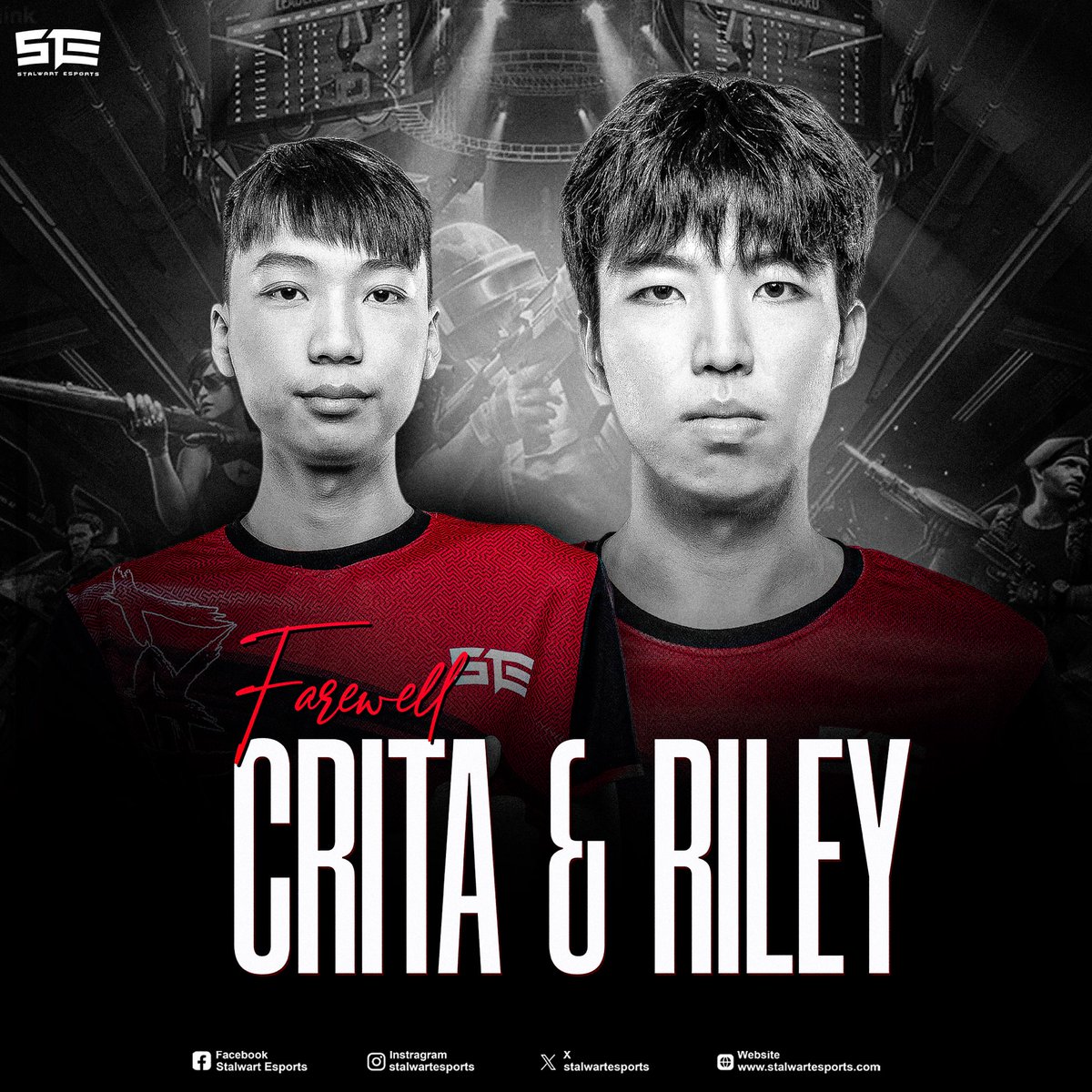 As we bid farewell to Crita &amp; Riley, we want to express our gratitude for their time with Stalwart Esports. 

Though the journey was brief, your contributions were truly impactful. Wishing you both the very best in your future endeavors! ❤️ 

#WeAreStalwart #Stalwart #PUBGm