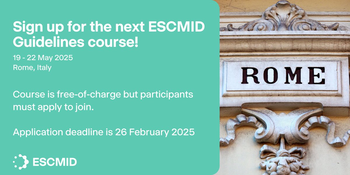 Don't forget to apply to join the next ESCMID Guidelines Course before the deadline on 26 February 2025. Selected participants will become part of the Evidence Review Group and actively participate in developing ESCMID guidelines. 

Learn more:  ow.ly/MI9w50V1nFg