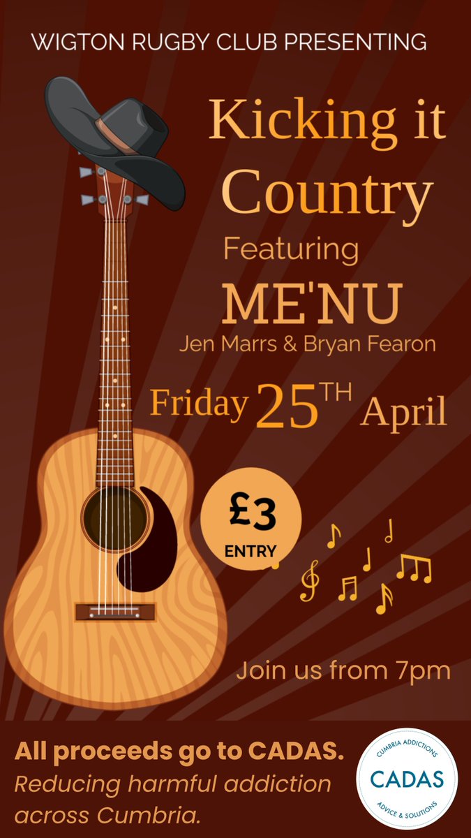 cadascumbria's tweet image. Our very own Young People’s Worker, Jen will be performing alongside her singing partner, Bryan on Friday 25th April at Wigton Rugby Club! 🎵 

All proceeds go to CADAS!

#addiction #addictionsupport #charityevent #countrymusicevent #support #Wigton #Cumbria #CADAS