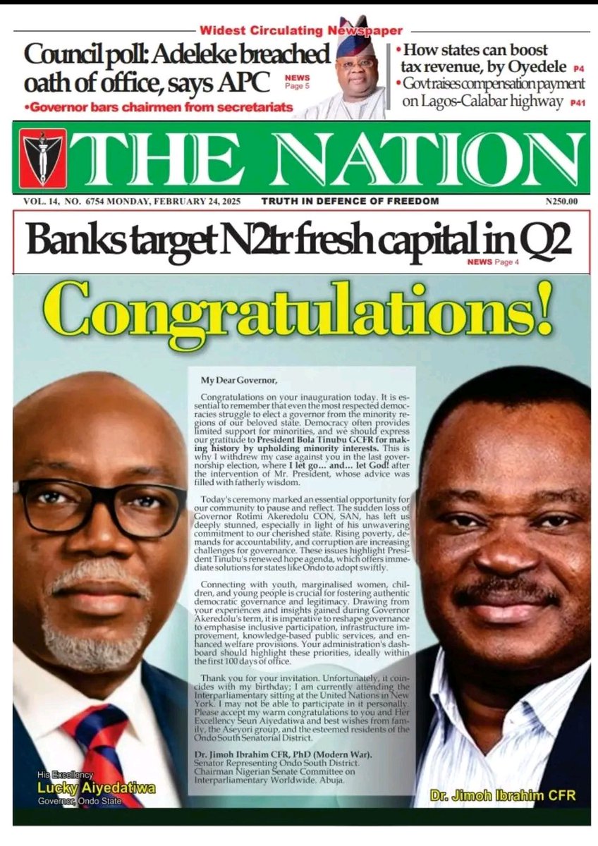 Dr. Jimoh Ibrahim, CFR (@jimohibrahimcfr) on Twitter photo My Dear Governor <a href="/LuckyAiyedatiwa/">Lucky Orimisan Aiyedatiwa</a>, Congratulations on your inauguration today as the 7th Executive Governor of Ondo State. Best wishes from my family, Aseyori Group, and the esteemed residents of Ondo South Senatorial District. My Dear Governor <a href="/LuckyAiyedatiwa/">Lucky Orimisan Aiyedatiwa</a>, Congratulations on your inauguration today as the 7th Executive Governor of Ondo State. Best wishes from my family, Aseyori Group, and the esteemed residents of Ondo South Senatorial District.