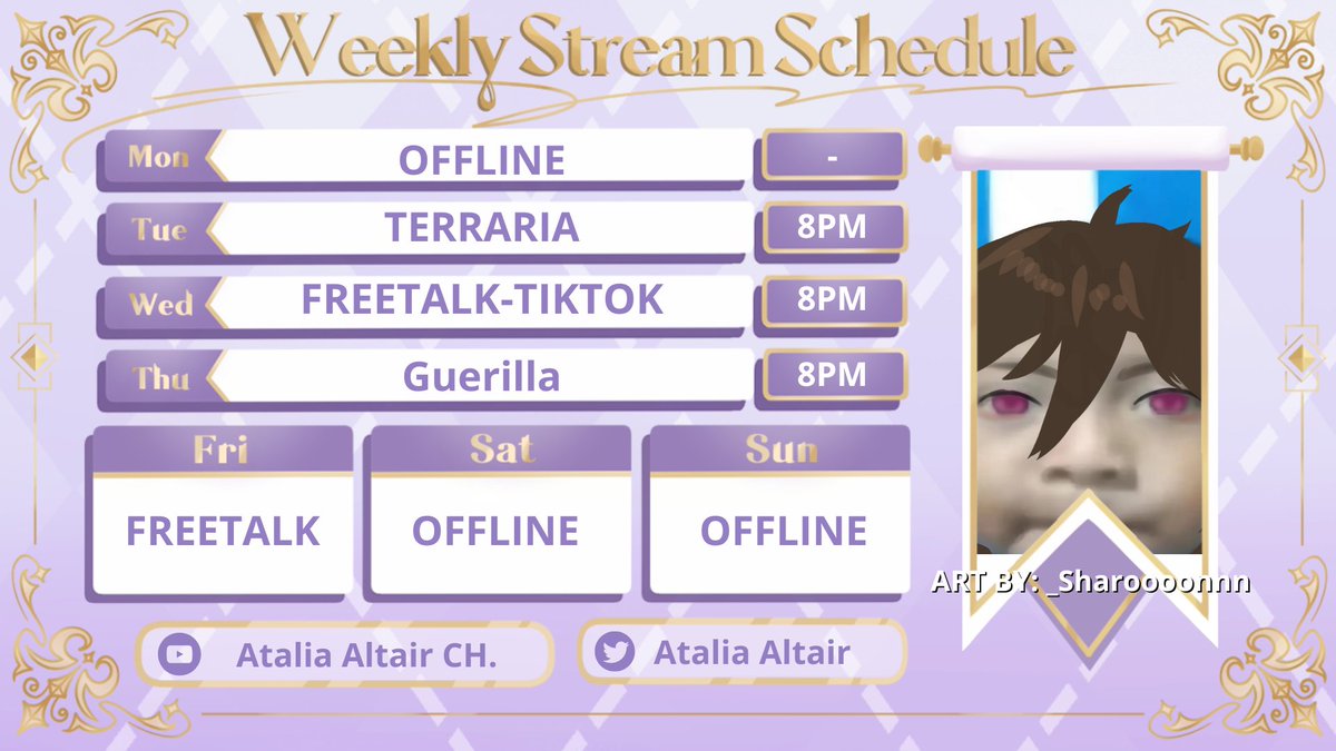 AtaliaAltair's tweet photo. 【WEEKLY SCHEDULE】
Uheheheheh this week's Schedule has dropped
General : #ataliaaltair
Fanart : #ataliart
Live : #atalilive
Meme : #atallain https://t.co/pptoZeMdYU